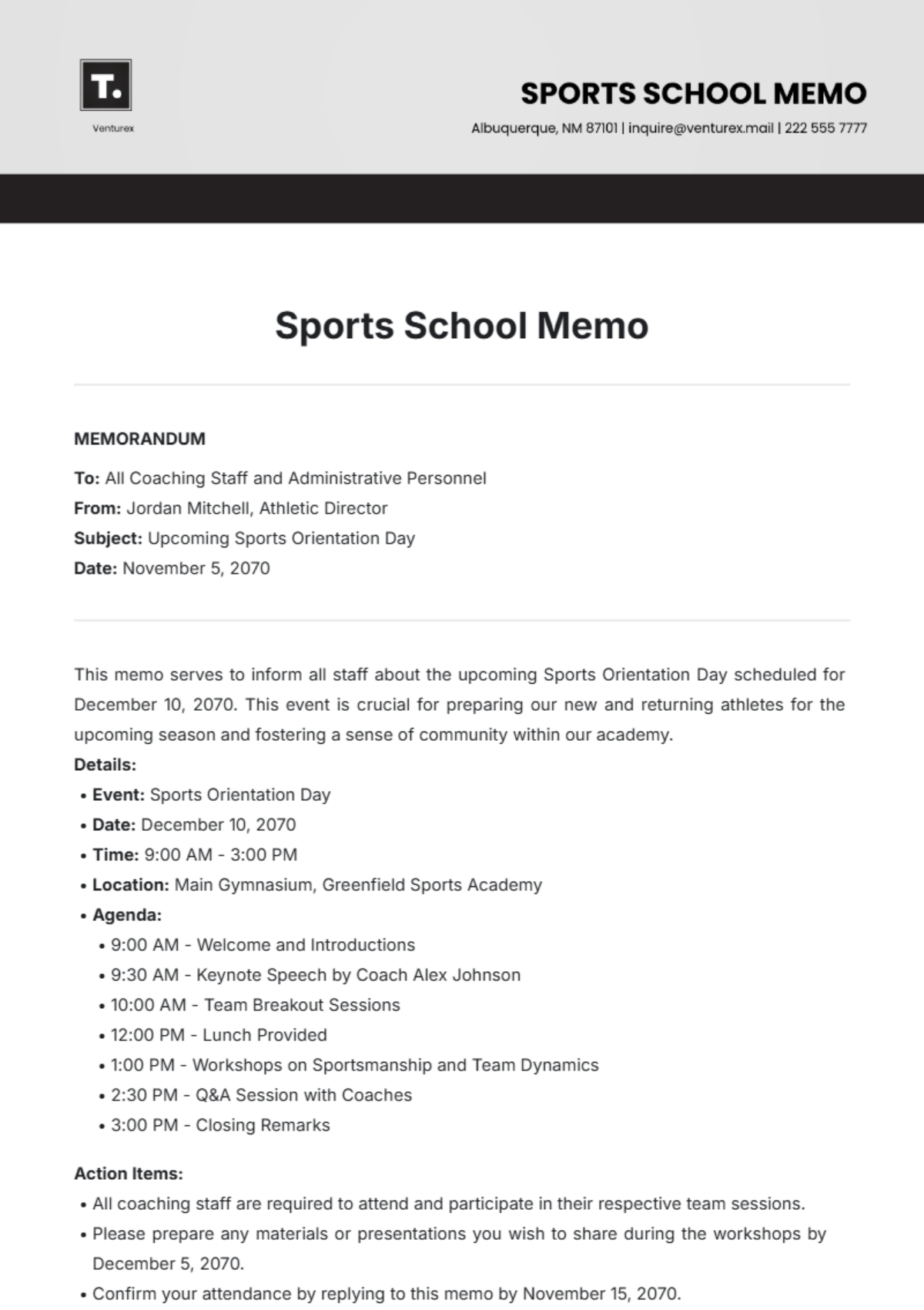 Sports School Memo Template