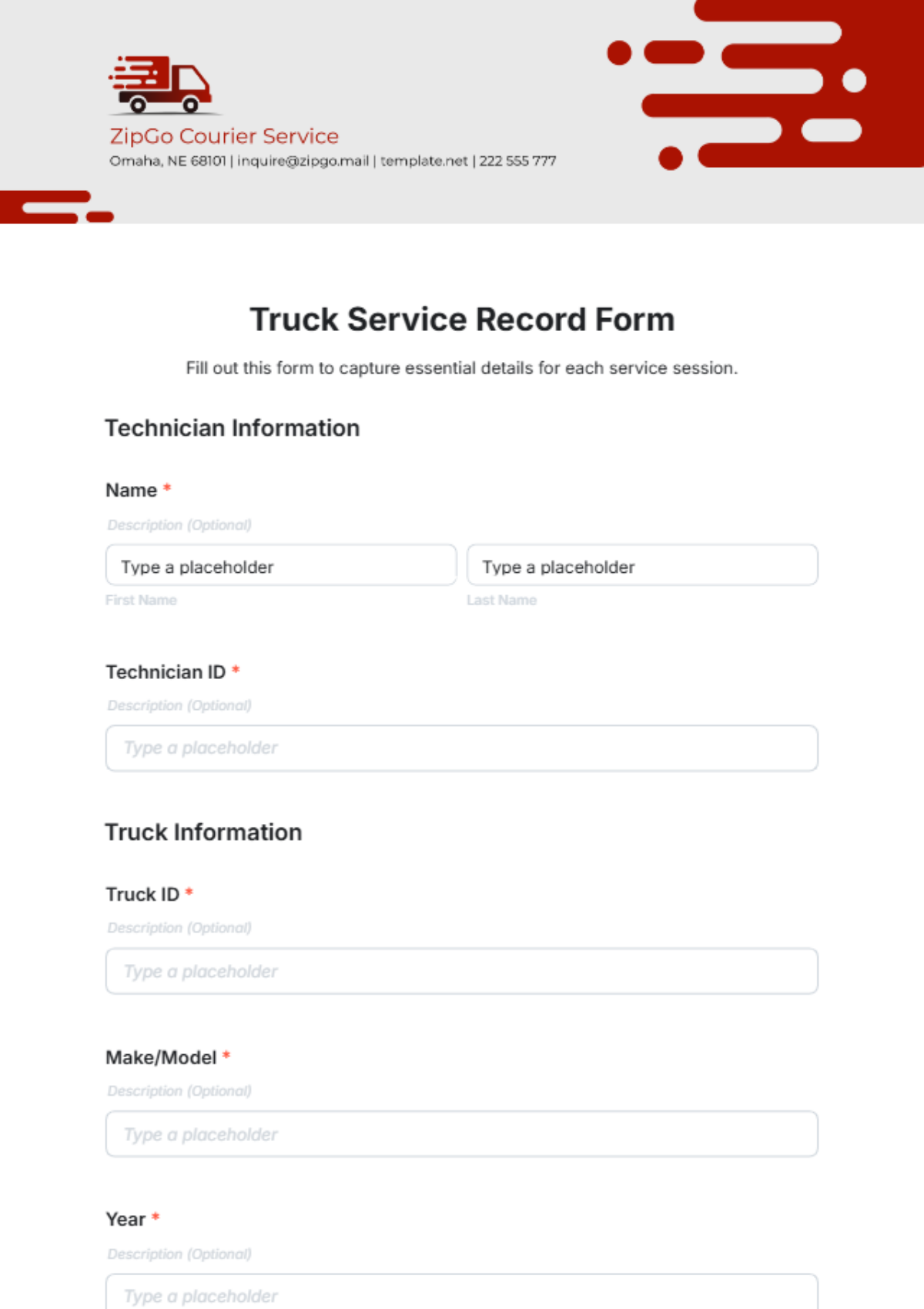 Truck Service Record Form Template - Edit Online & Download