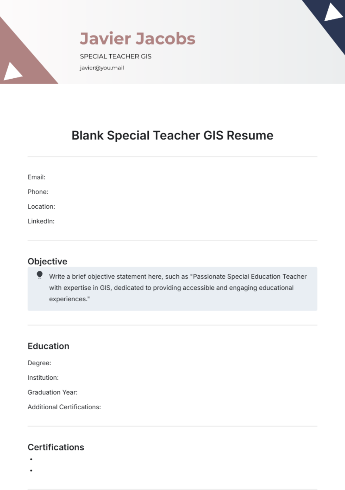 Blank Special Teacher GIS Resume Template - Edit Online & Download