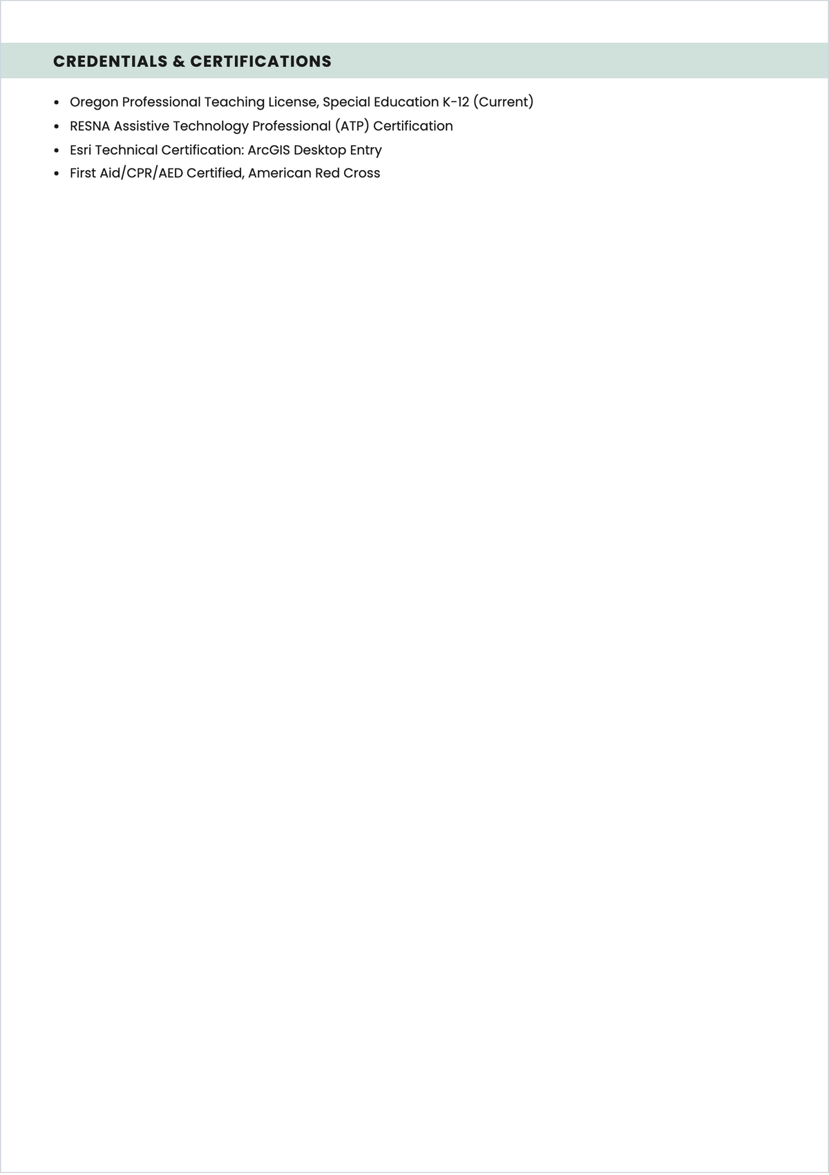 Free Blank Special Teacher GIS ATS Resume Template, AI Resume Builder