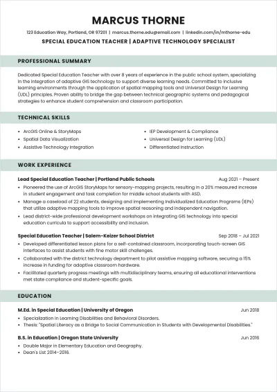 Free Blank Special Teacher GIS ATS Resume Template, AI Resume Builder