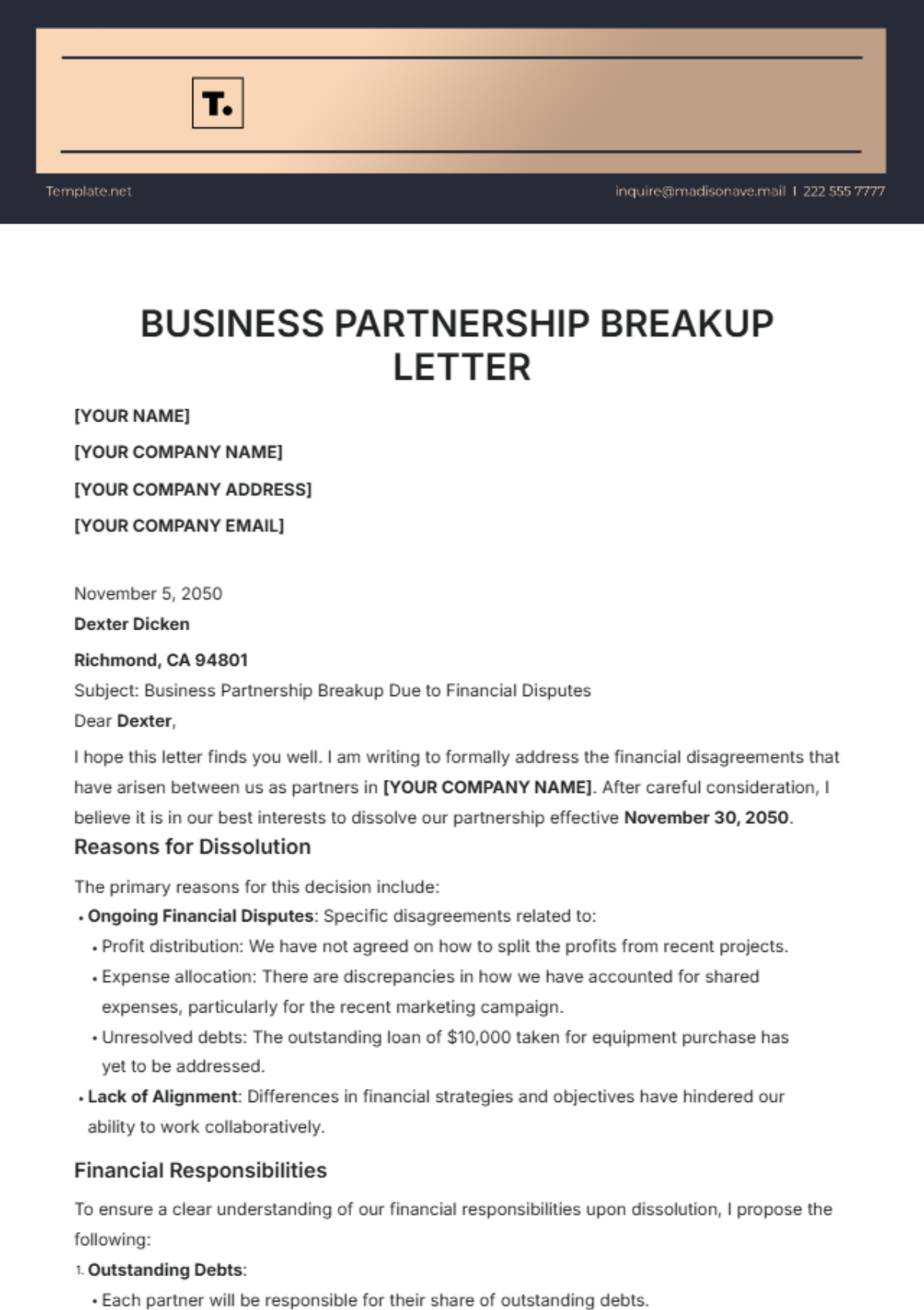 Business Partnership Breakup Letter Template