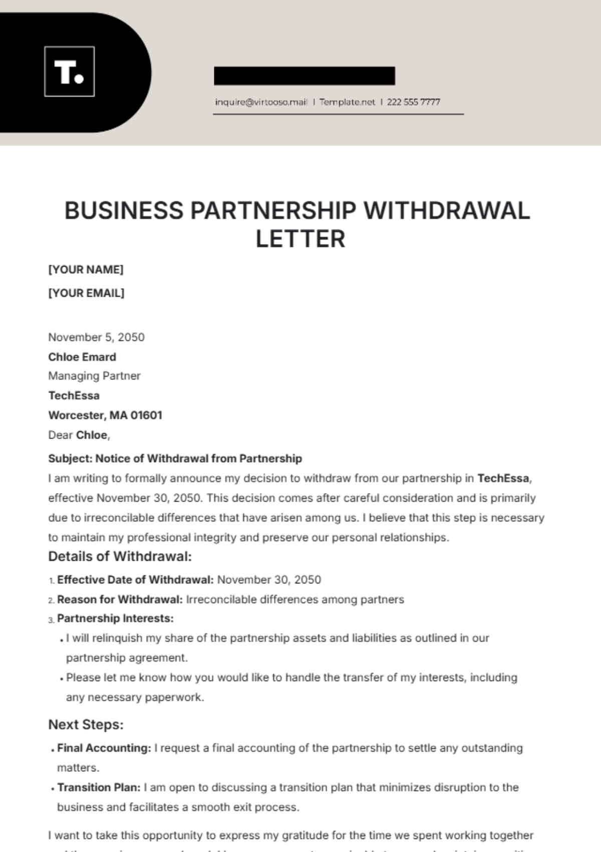 Business Partnership Withdrawal Letter Template - Edit Online & Download