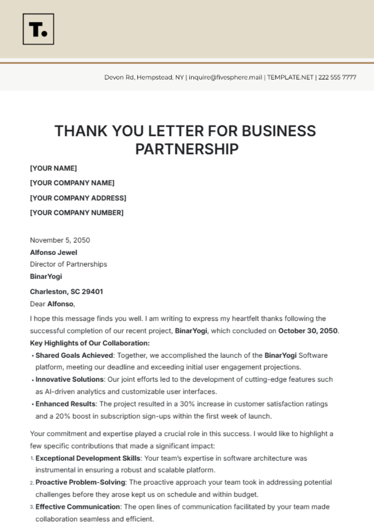 Thank You Letter for Business Partnership Template - Edit Online & Download