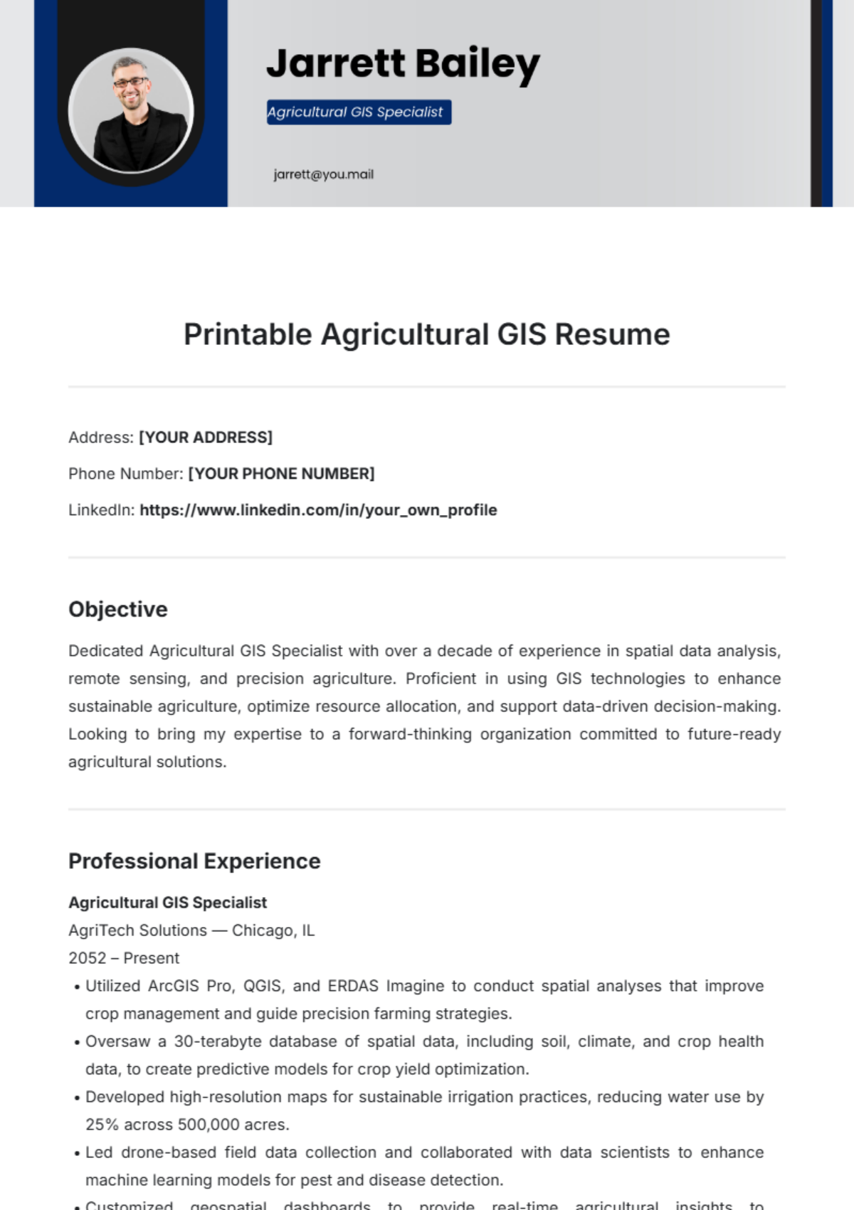 Printable Agricultural GIS Resume Template - Edit Online & Download