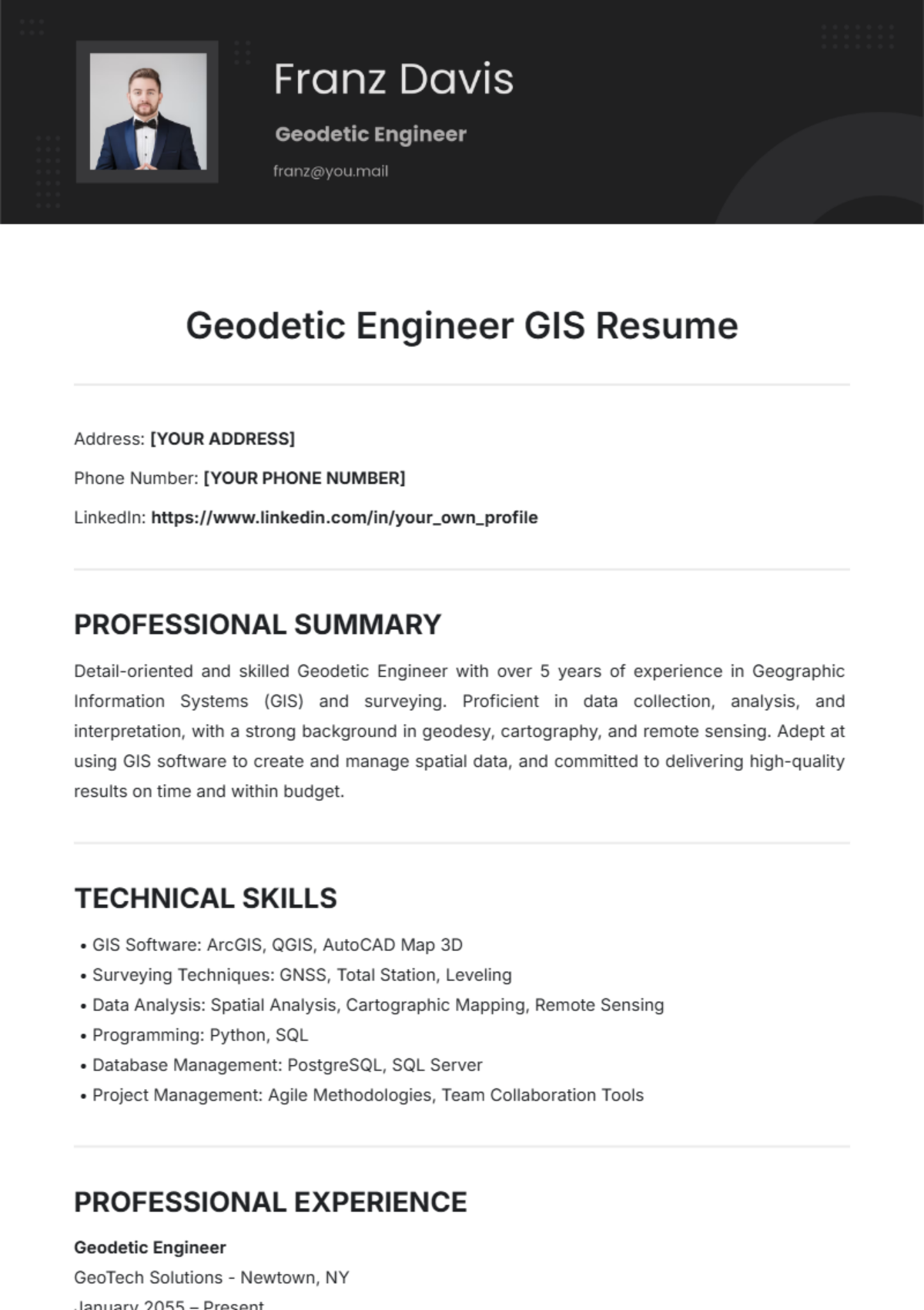 Geodetic Engineer GIS Resume Template - Edit Online & Download