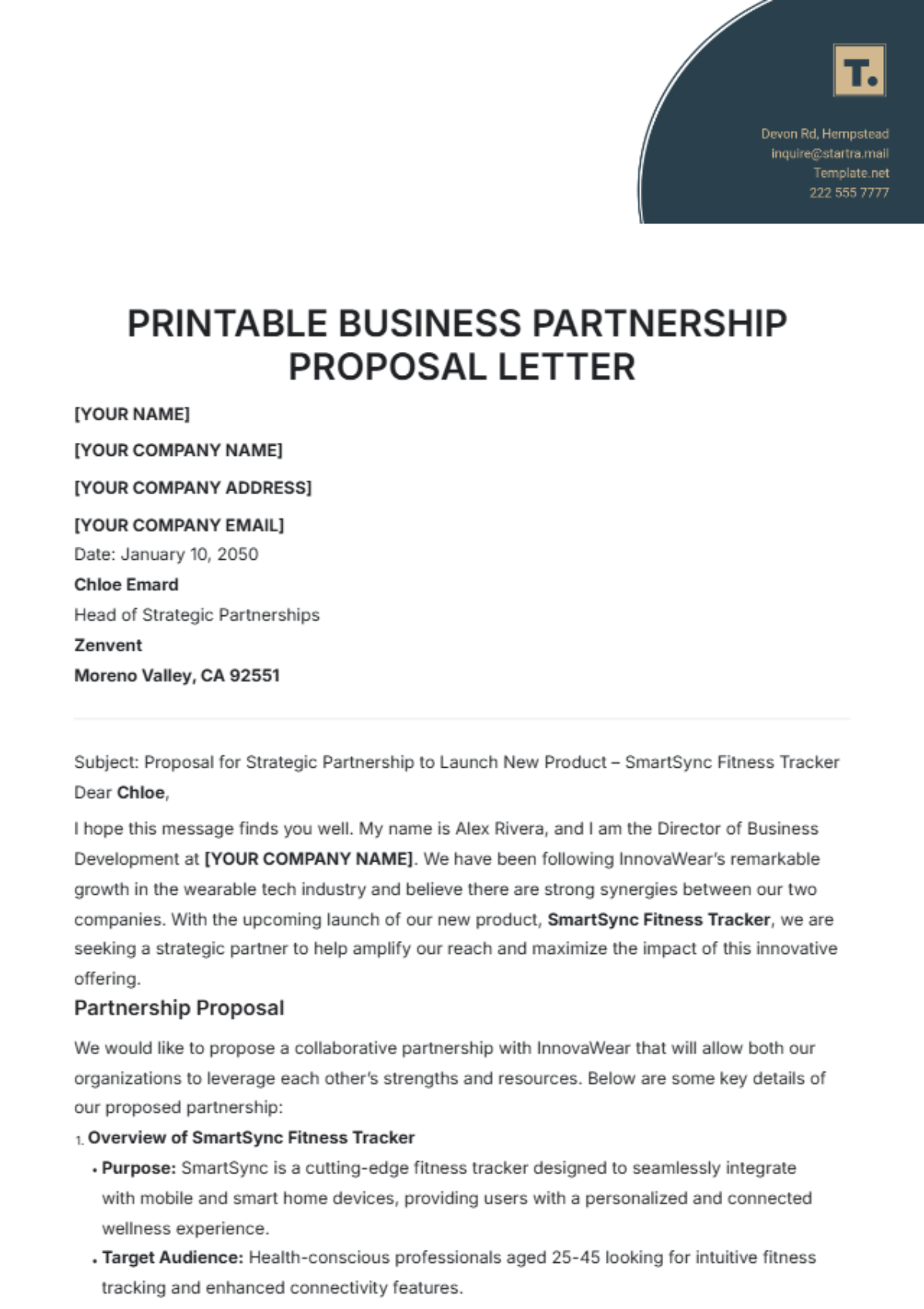 Printable Business Partnership Proposal Letter Template