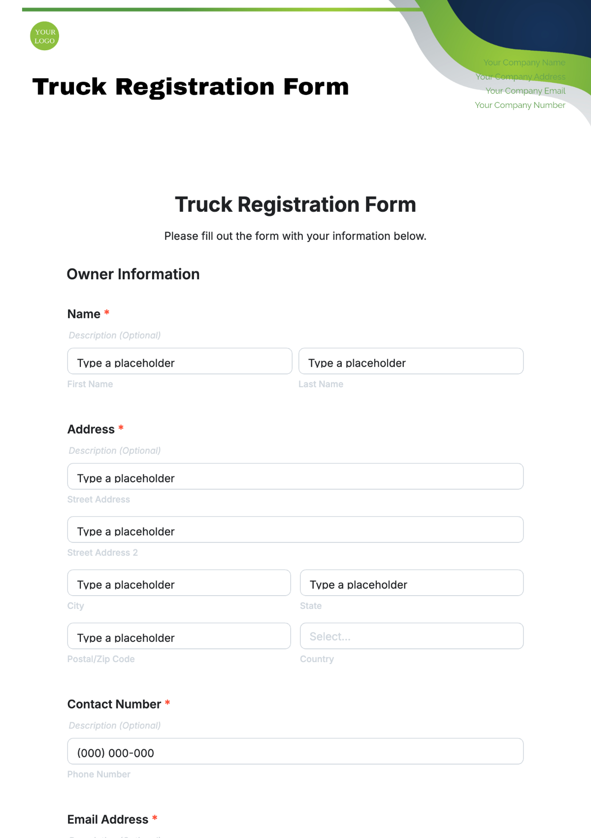 Truck Registration Form Template - Edit Online & Download