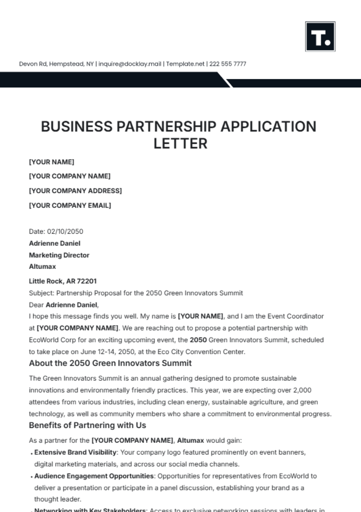 Business Partnership Application Letter Template