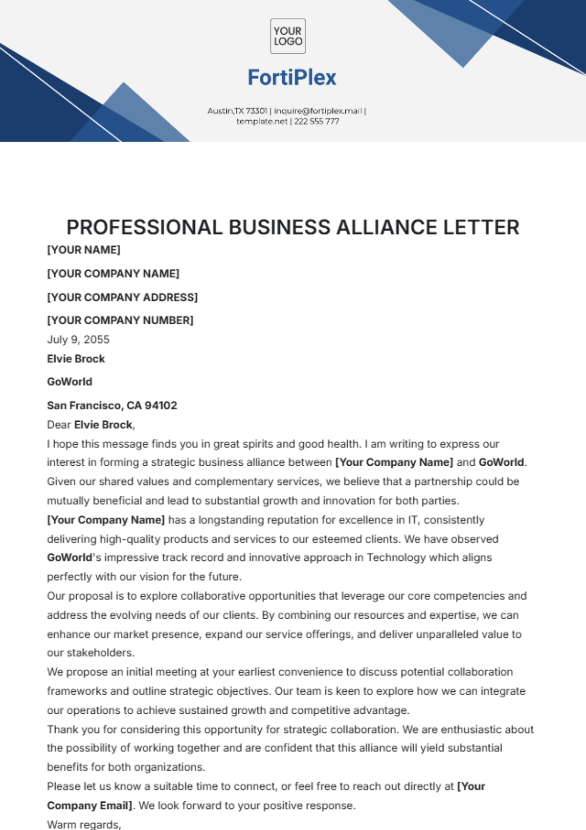 Professional Business Alliance Letter Template - Edit Online & Download