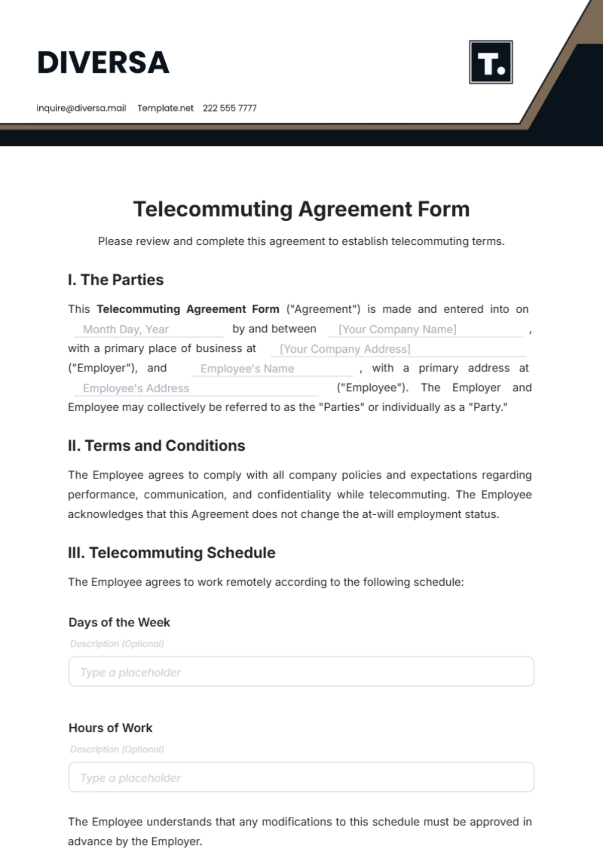 Telecommuting Agreement Form Template - Edit Online & Download