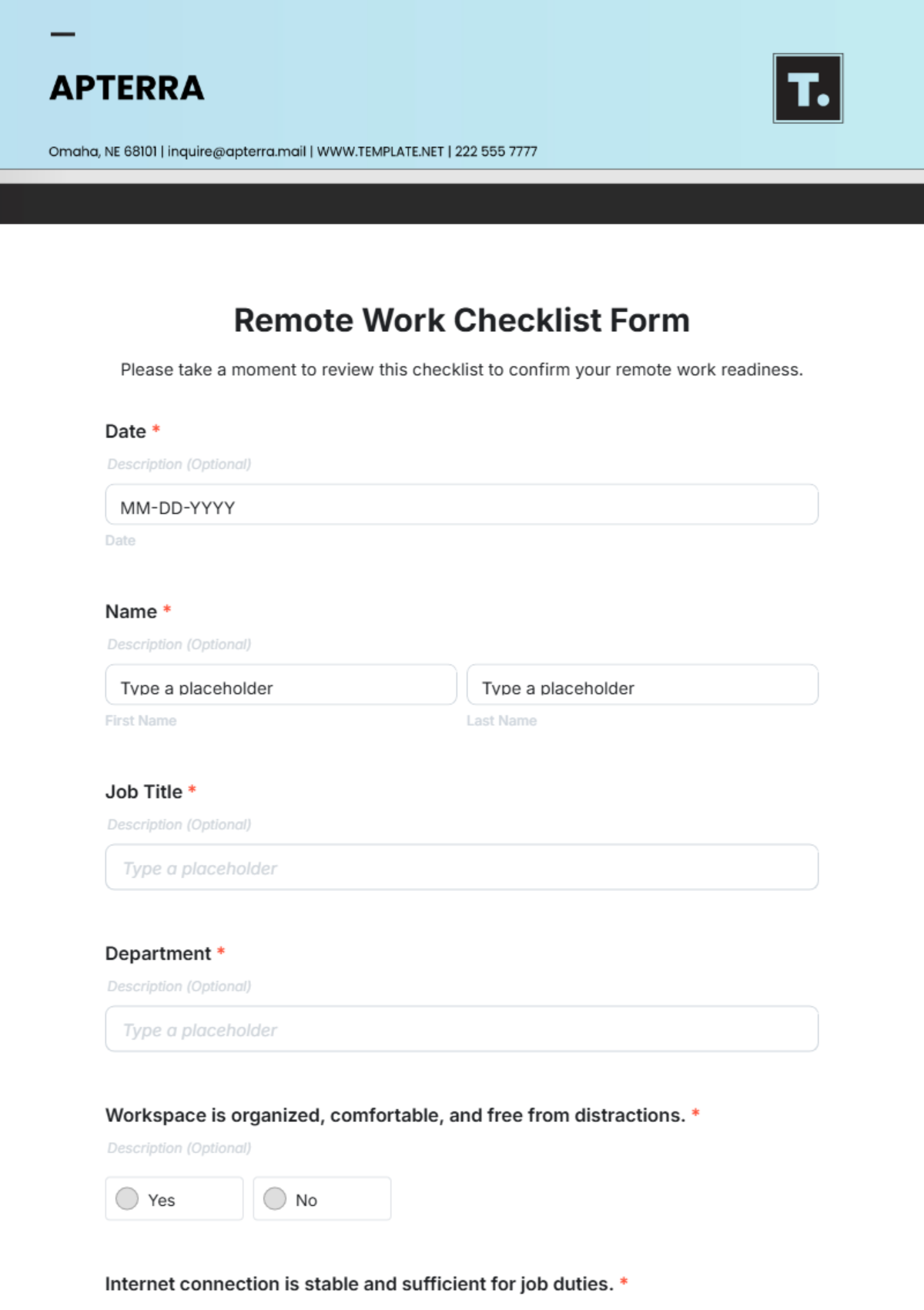 Remote Work Checklist Form Template - Edit Online & Download