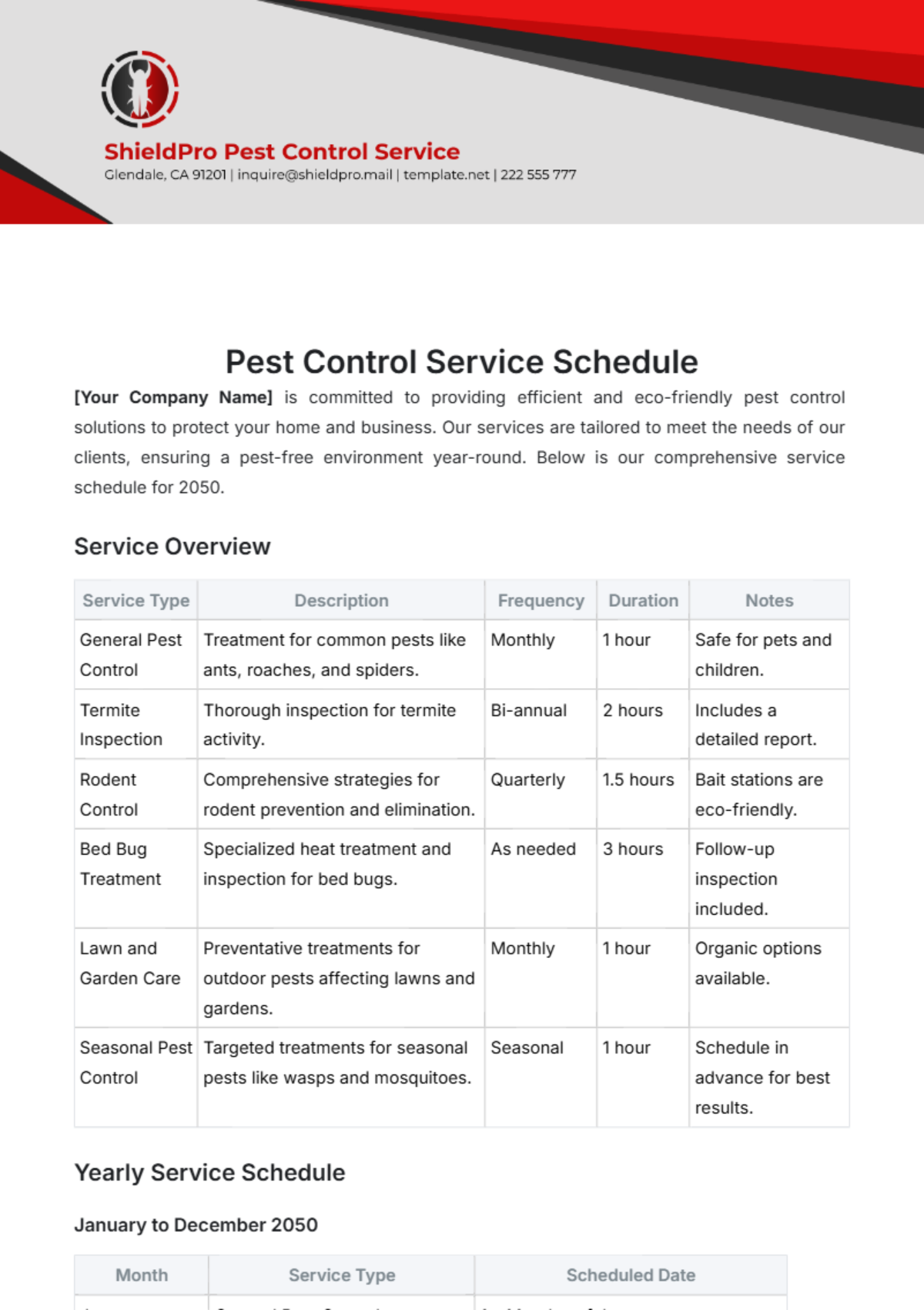 Pest Control Service Schedule Template - Edit Online & Download