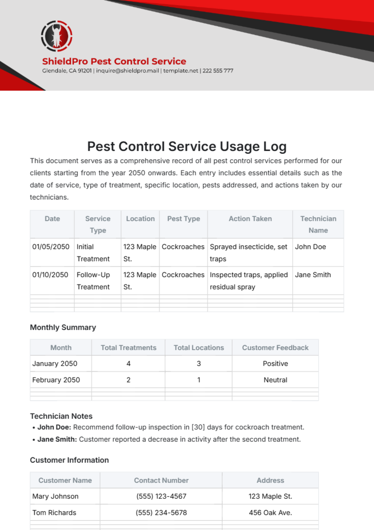 Pest Control Service Usage Log Template - Edit Online & Download