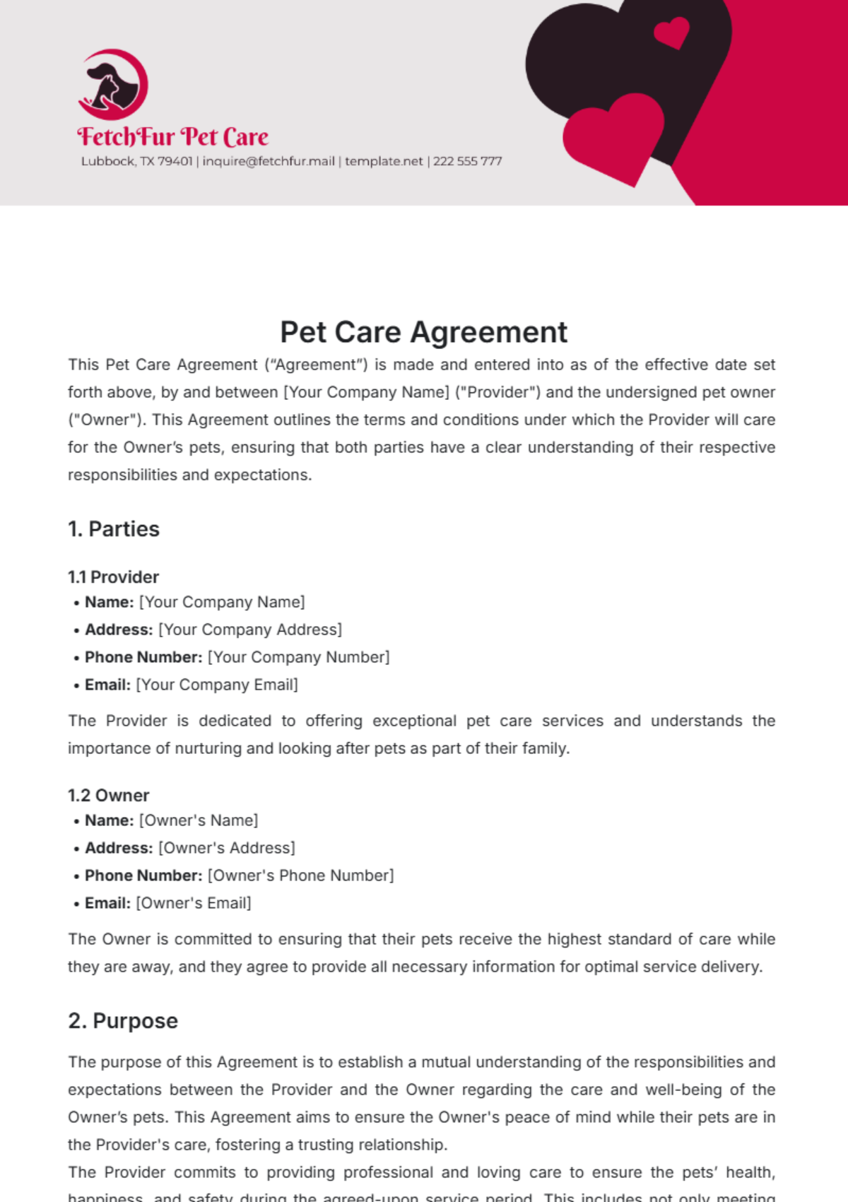 Pet Care Agreement Template - Edit Online & Download