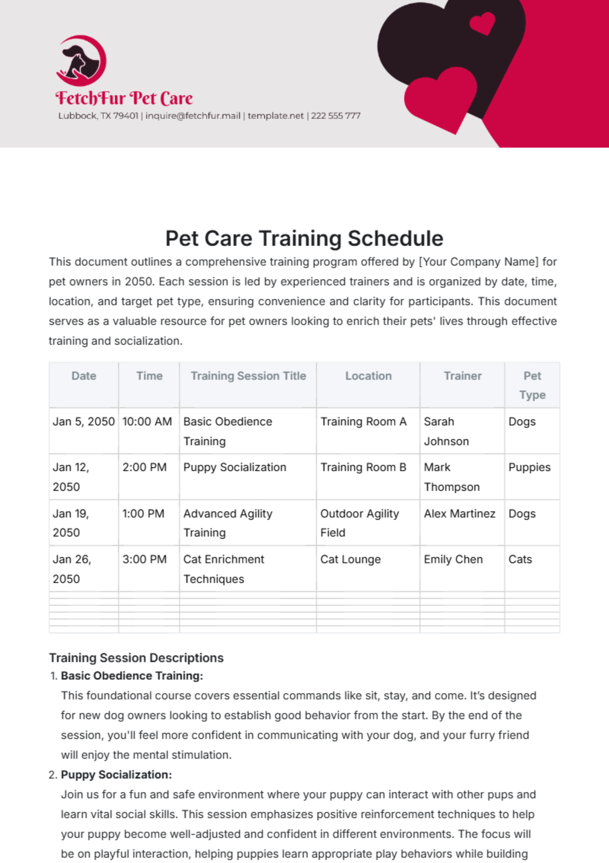 Pet Care Training Schedule Template - Edit Online & Download