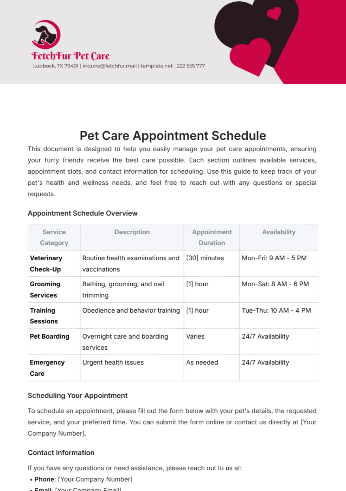 Pet Care Appointment Schedule Template - Edit Online & Download