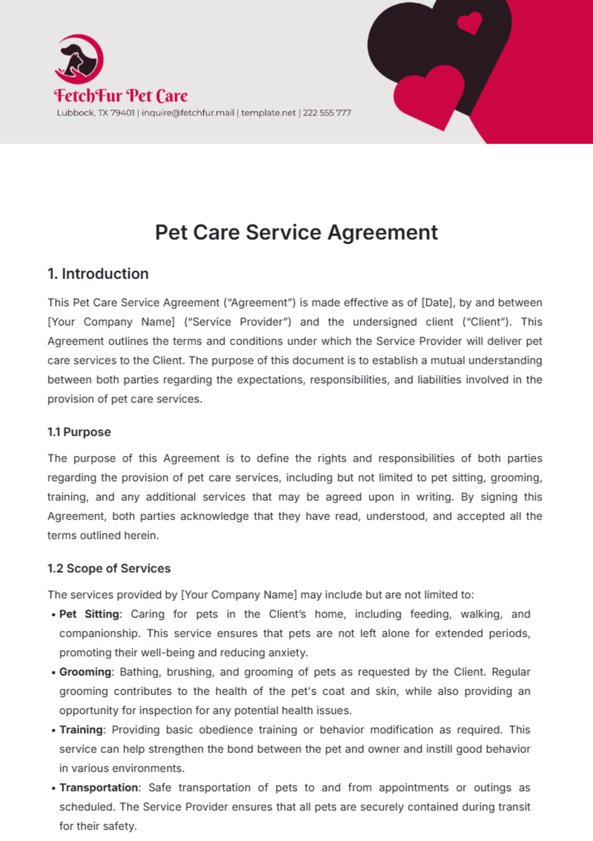 Pet Care Service Agreement Template - Edit Online & Download