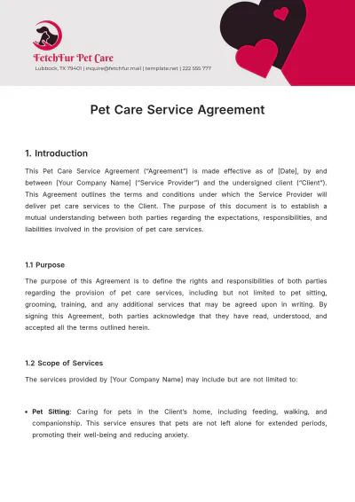 Free Pet Care Service Agreement Template to Edit Online