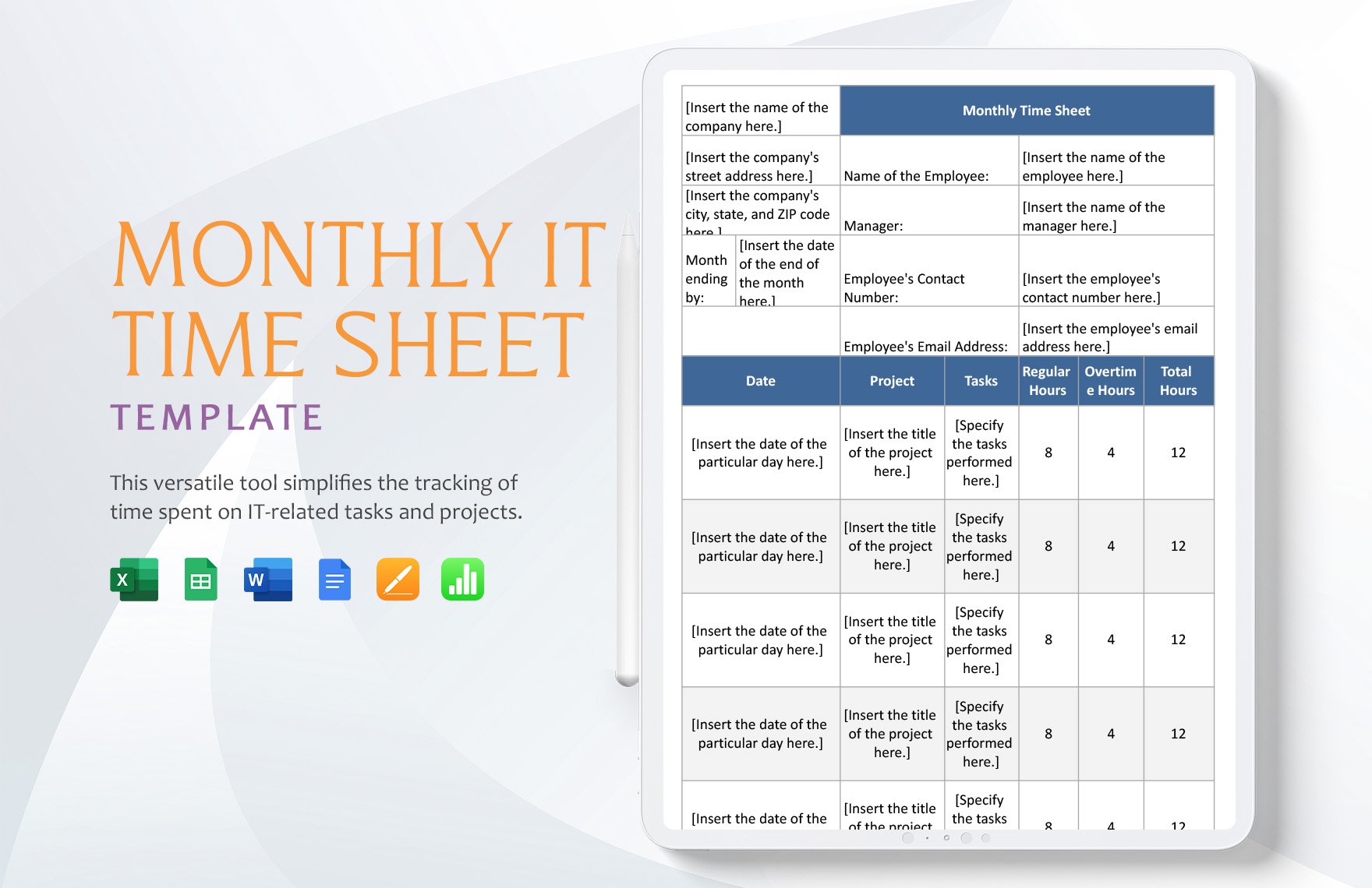 Monthly IT Time Sheet Template in Word, Google Docs, Excel, Google Sheets, Apple Pages, Apple Numbers