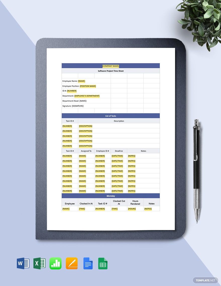 Software Project Time Sheet Template in Word, Google Docs, Excel, Google Sheets, Apple Pages, Apple Numbers