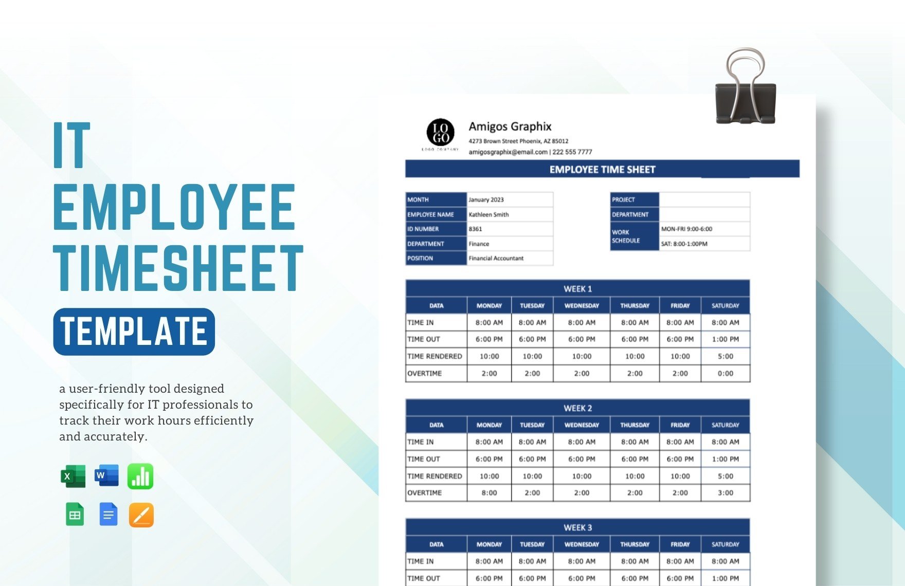 IT Employee Timesheet Template in Word, Google Docs, Excel, Google Sheets, Apple Pages, Apple Numbers