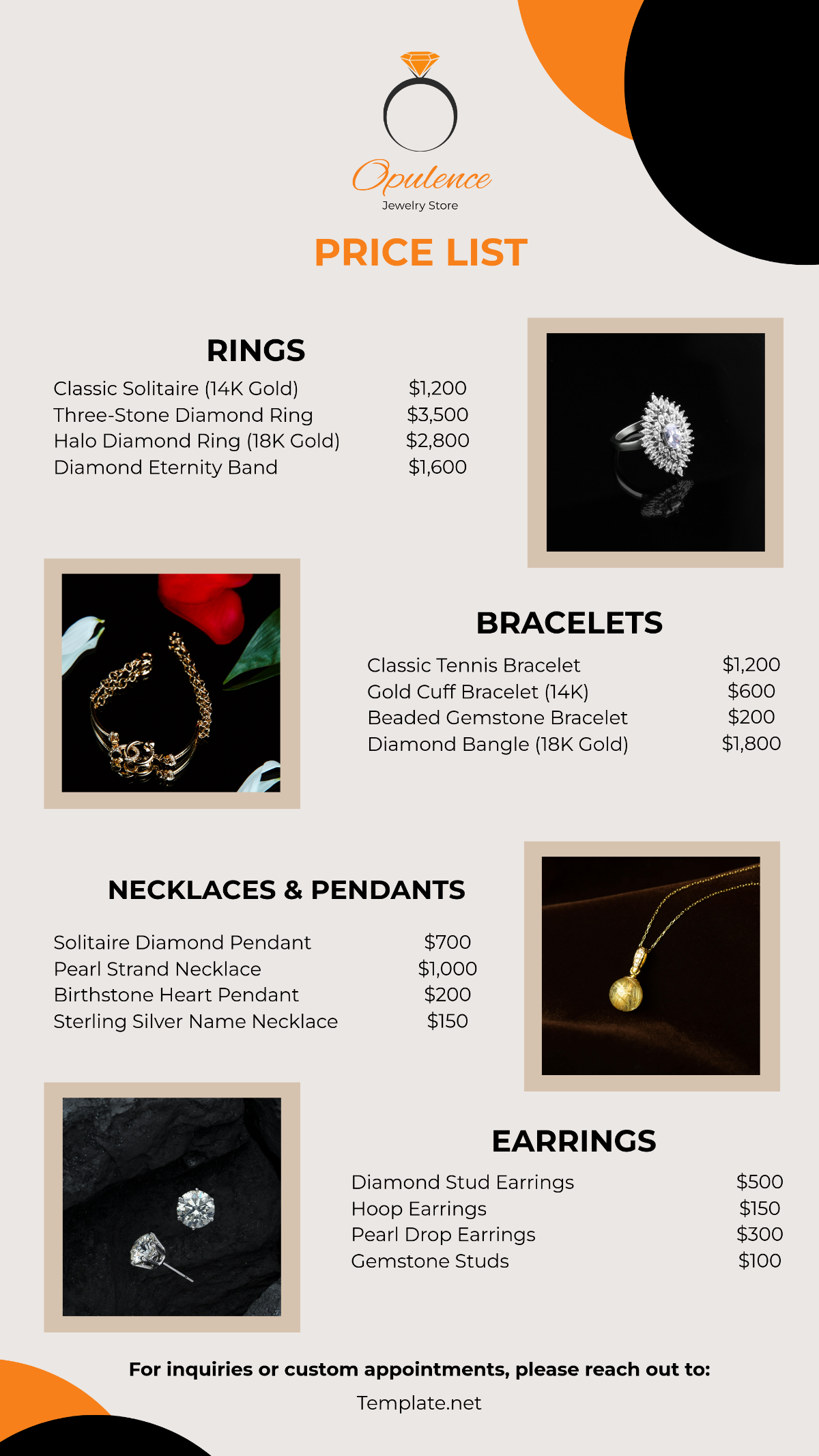 Jewelry Store Price List Template