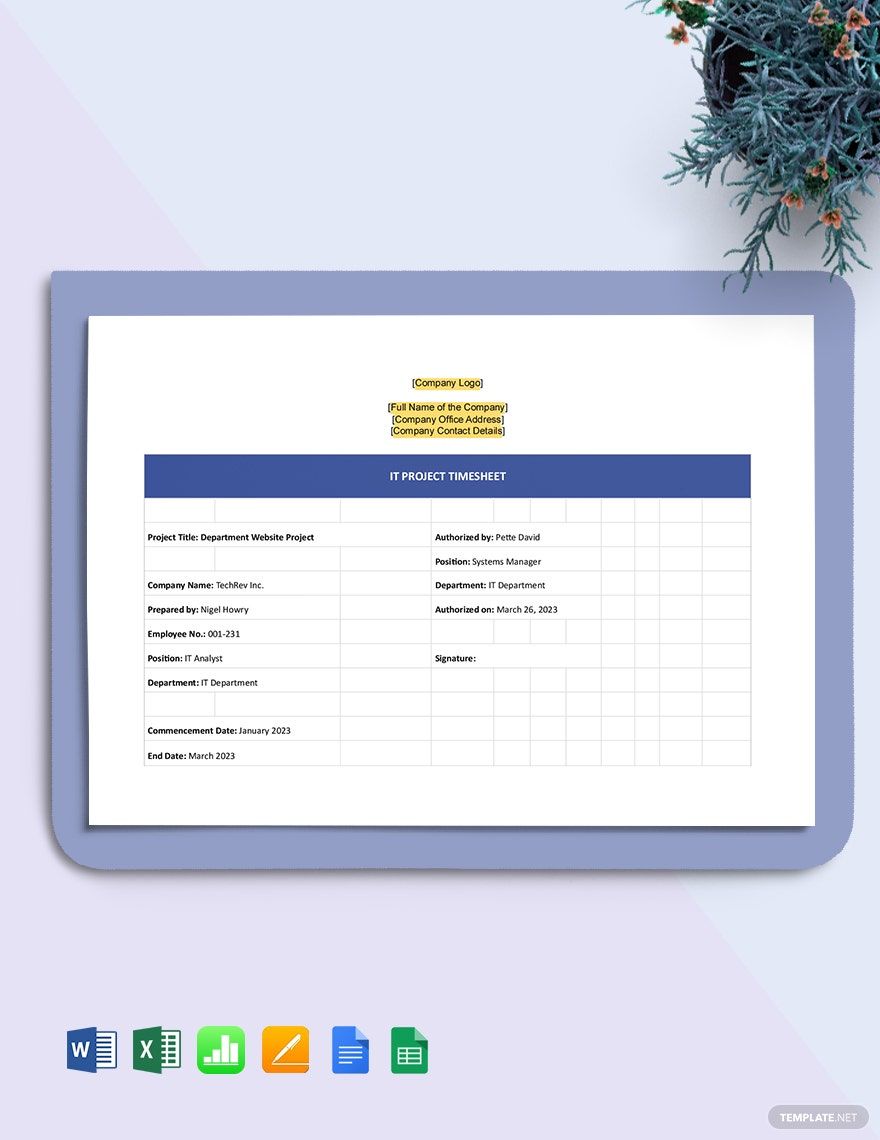 IT Projects Time Sheet Template in Word, Google Docs, Excel, PDF, Google Sheets, Apple Pages, Apple Numbers