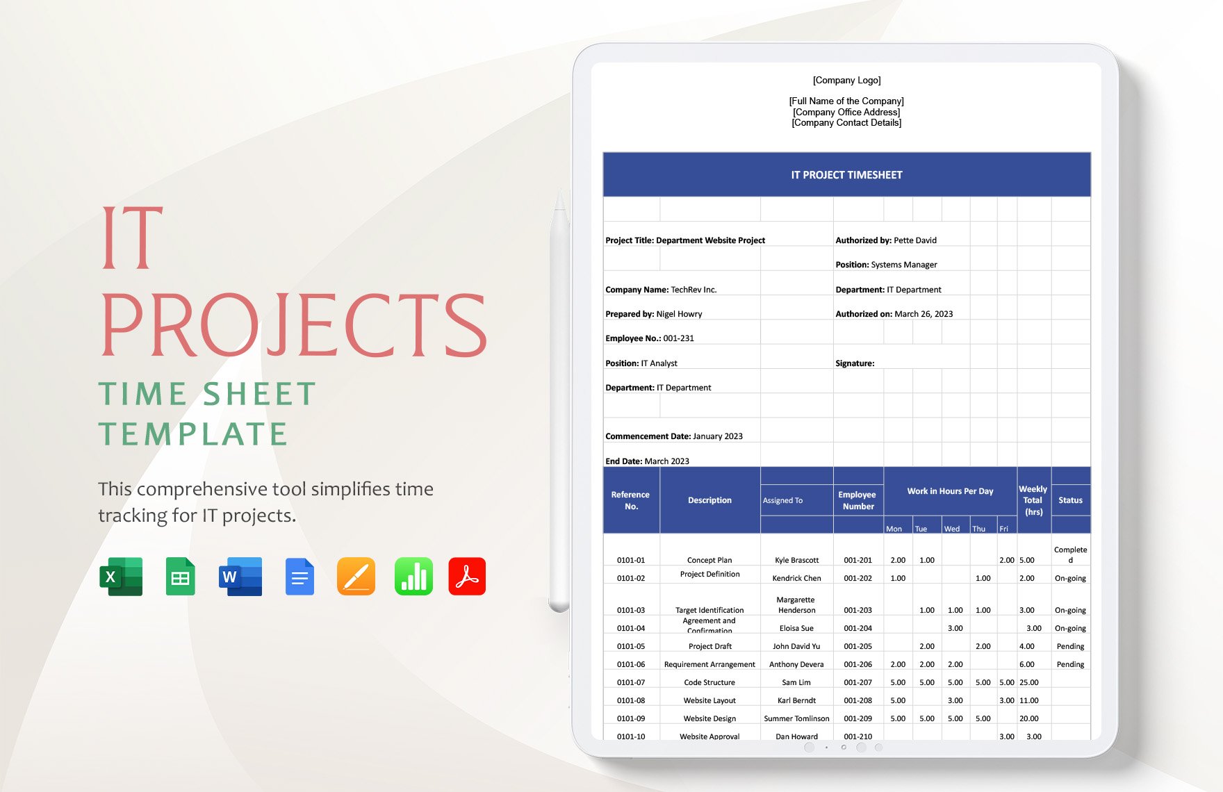 IT Projects Time Sheet Template in Word, Google Docs, Excel, PDF, Google Sheets, Apple Pages, Apple Numbers