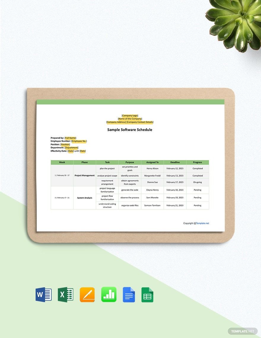 Sample Software Schedule Template in Word, Google Docs, Excel, Google Sheets, Apple Pages, Apple Numbers