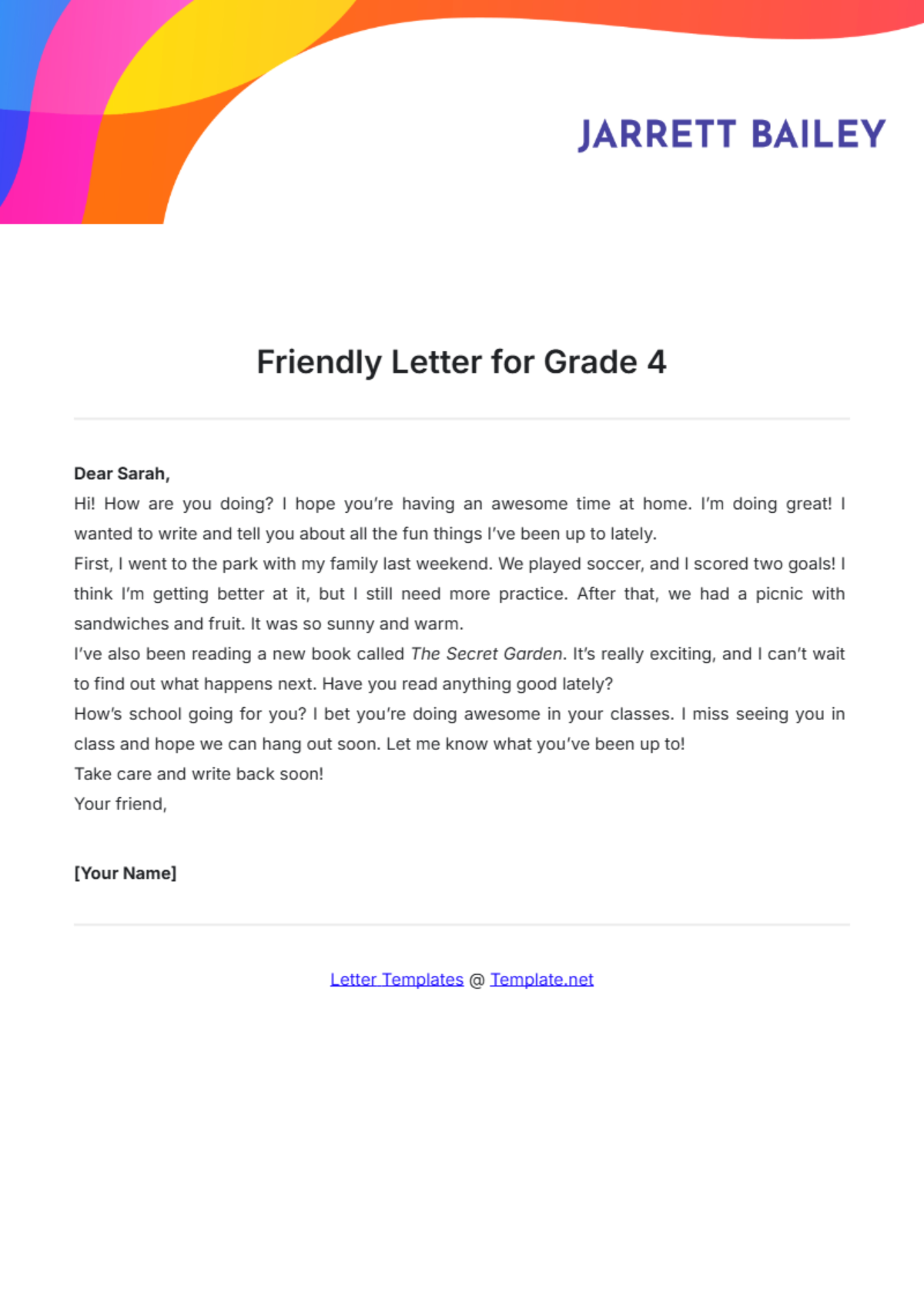 Friendly Letter Template for Grade 4