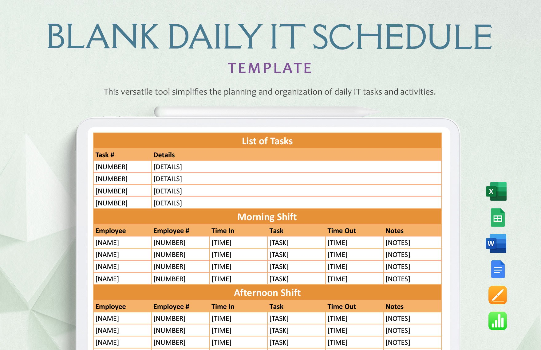 Free Blank Daily IT Schedule Template in Word, Google Docs, Excel, Google Sheets, Apple Pages, Apple Numbers
