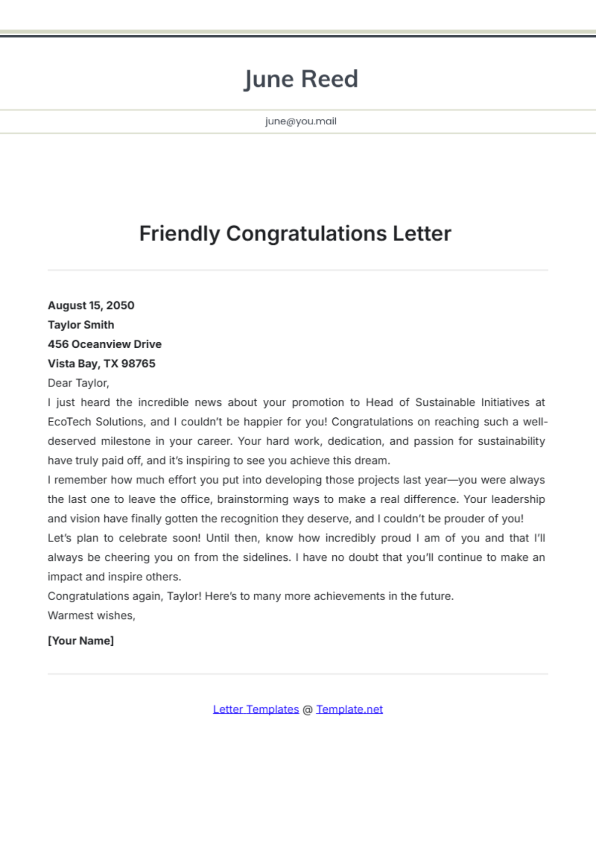 Friendly Congratulations Letter Template - Edit Online & Download