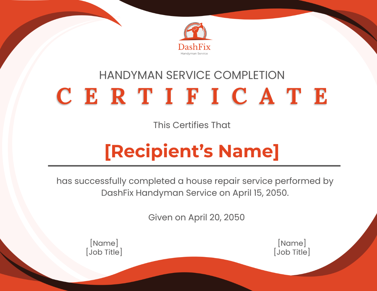 Handyman Service Completion Certificate Template