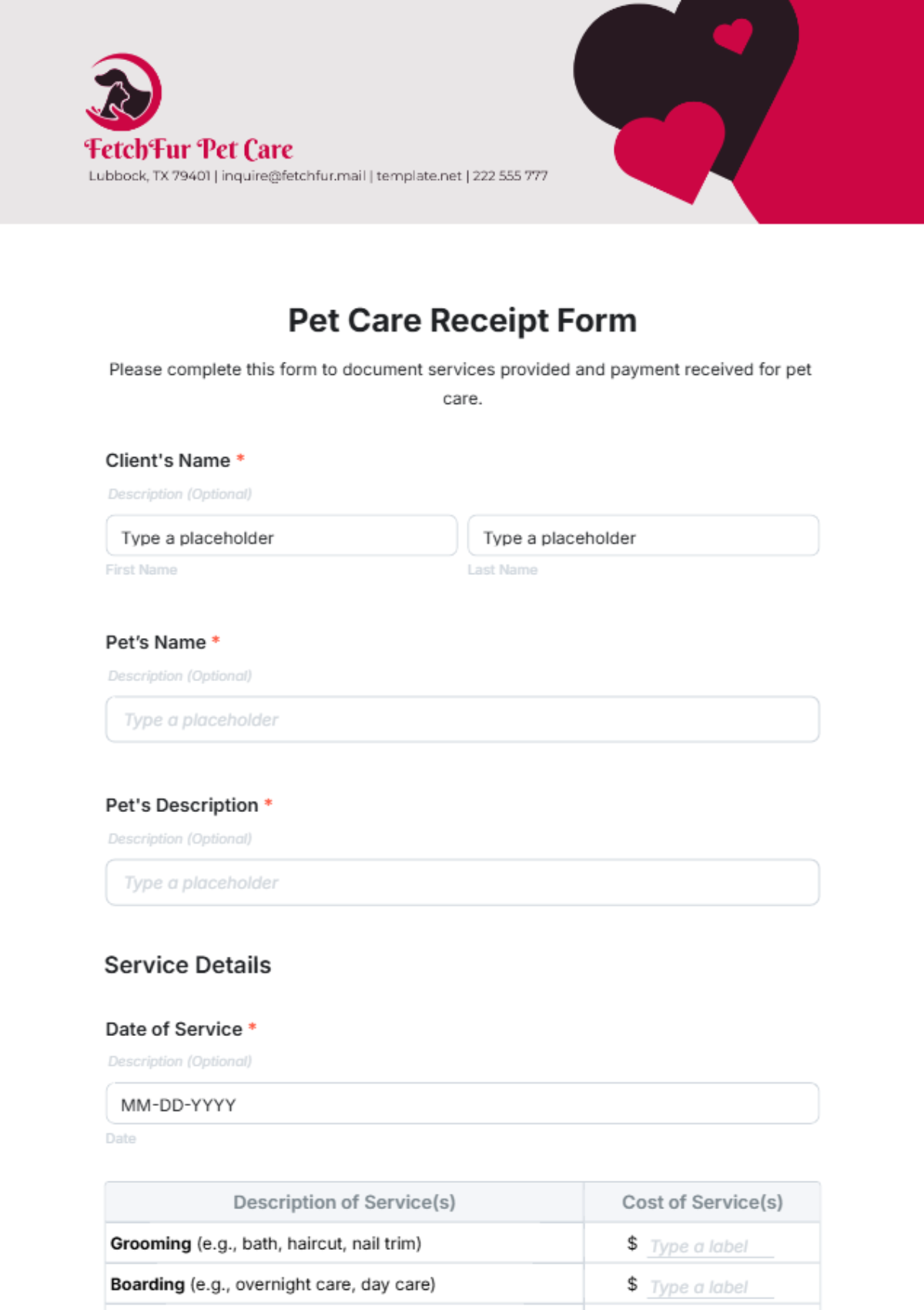 Pet Care Receipt Form Template - Edit Online & Download