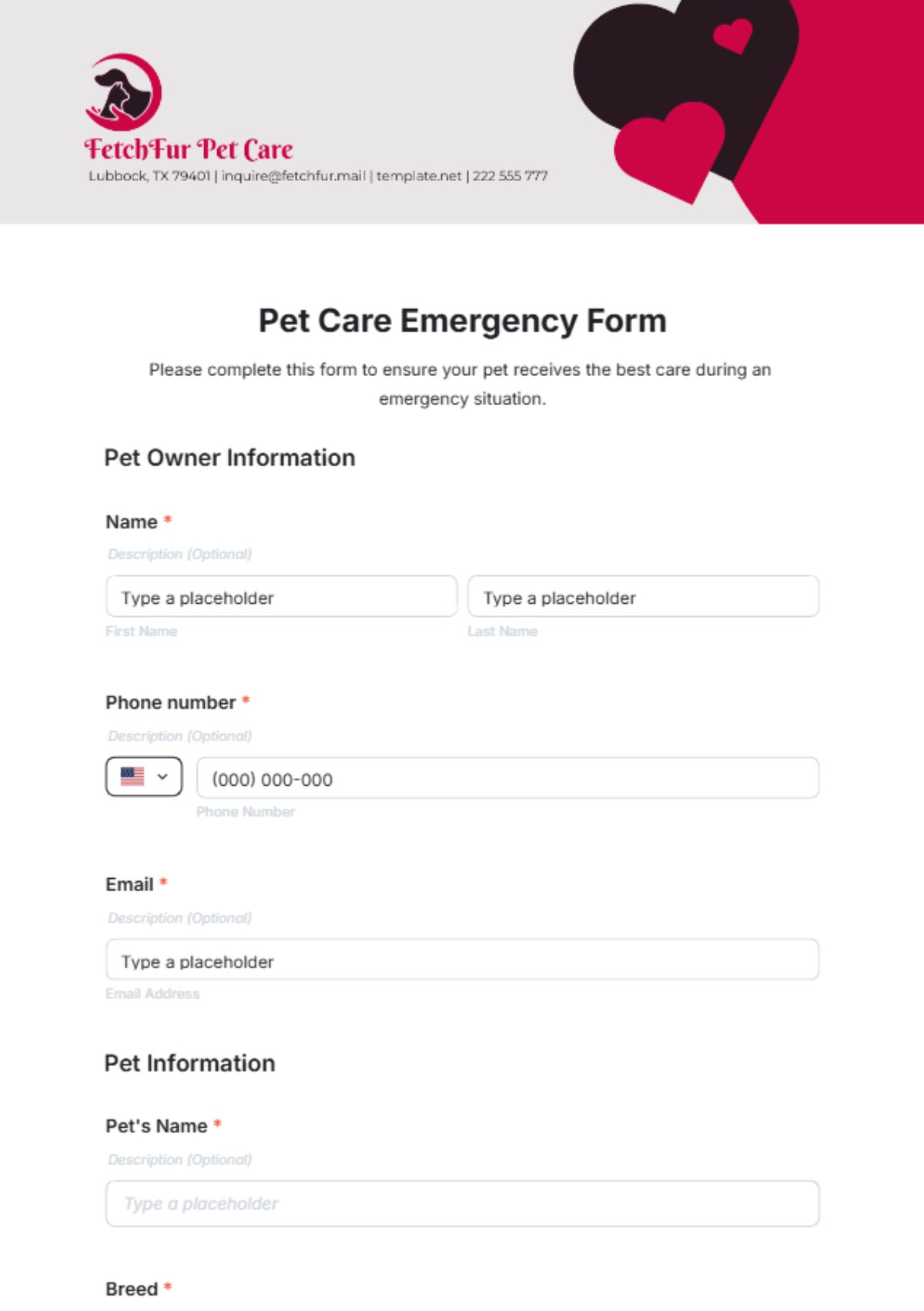 Pet Care Emergency Form Template - Edit Online & Download