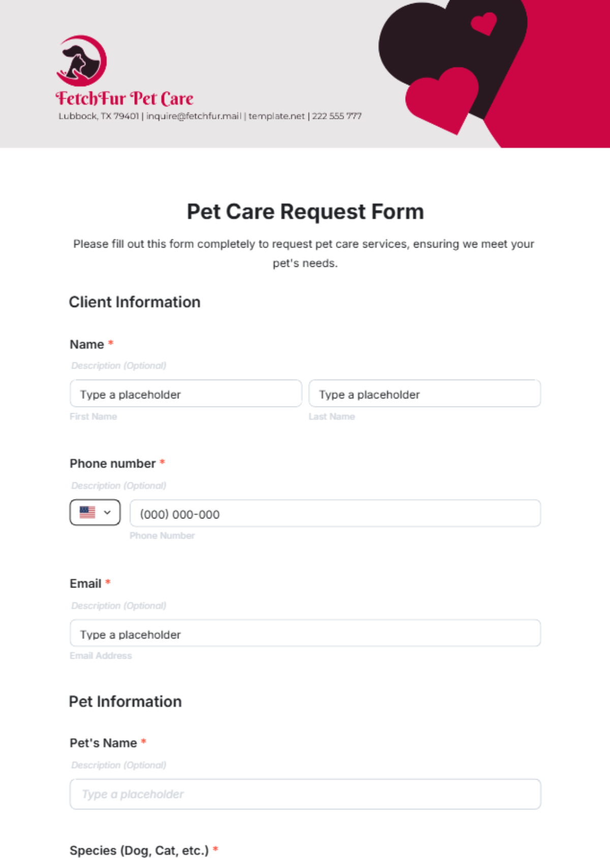 Pet Care Request Form Template - Edit Online & Download