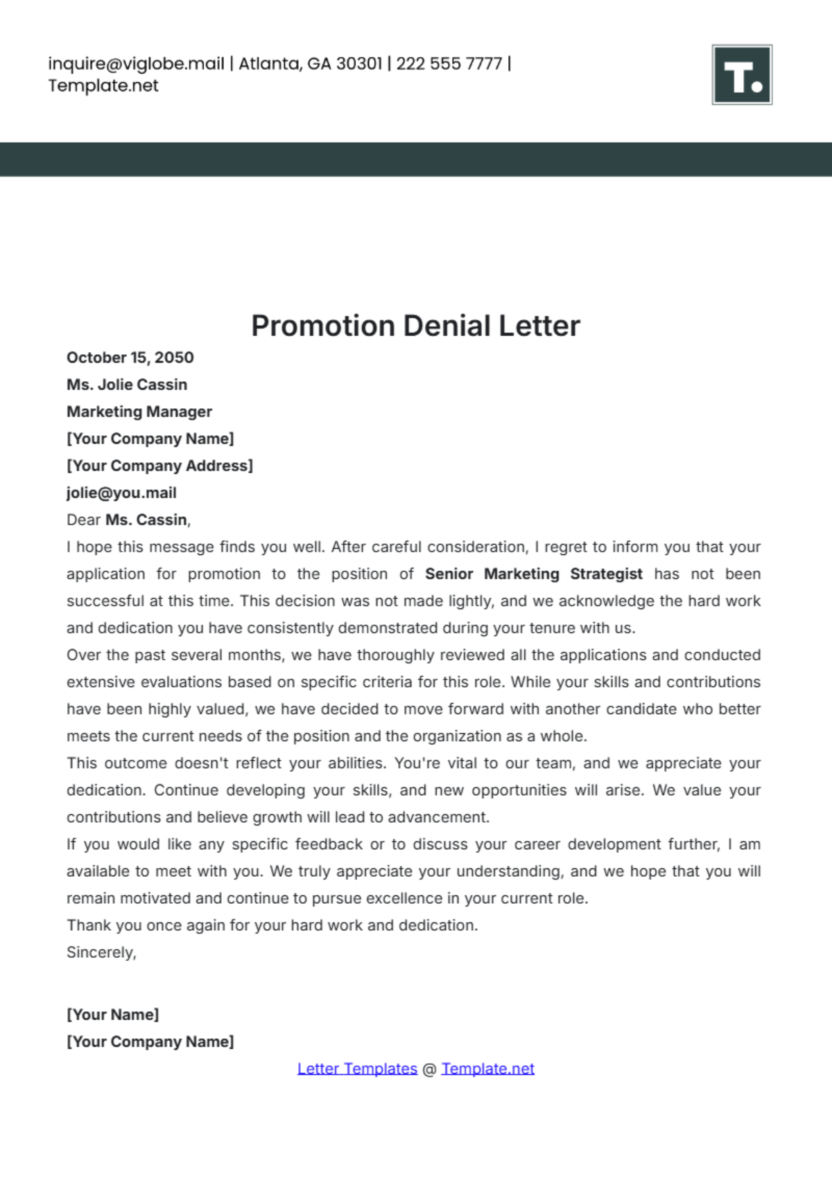 Promotion Denial Letter Template - Edit Online & Download