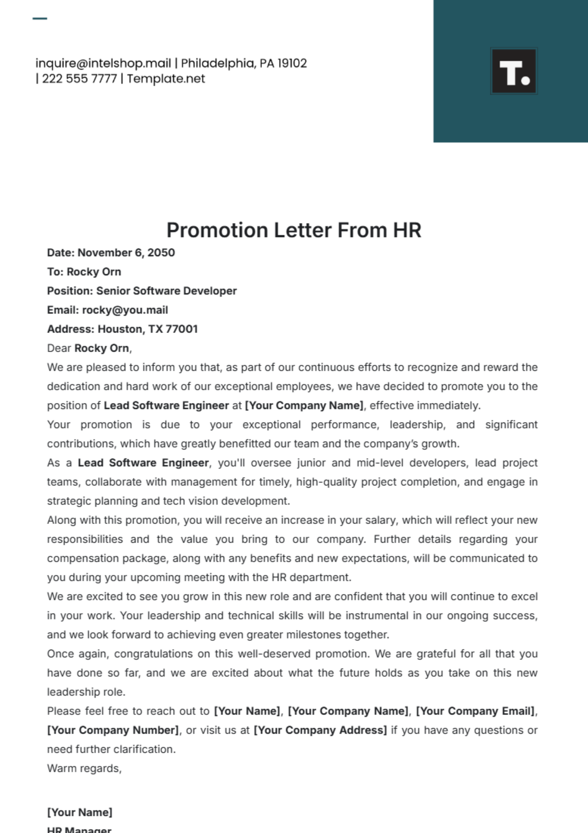 Promotion Letter from HR Template - Edit Online & Download