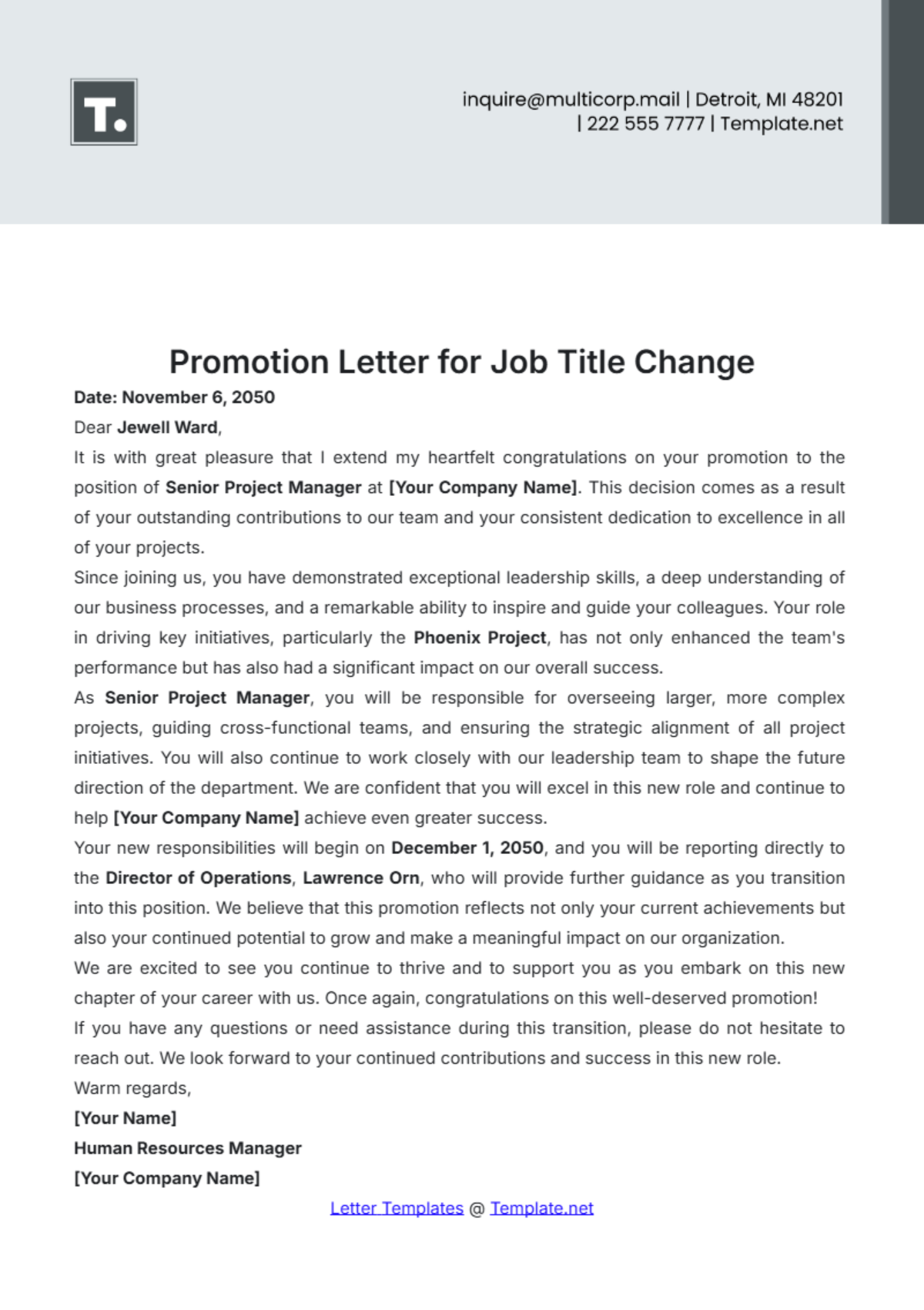 Promotion Letter for Job Title Change Template - Edit Online & Download