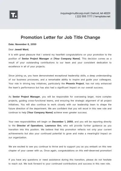 Free Promotion Letter for Job Title Change Template to Edit Online