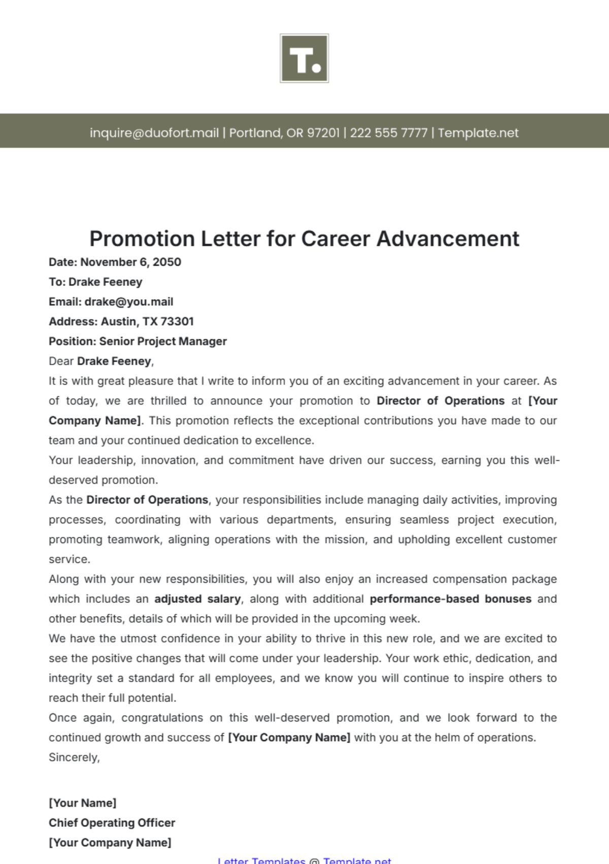 Promotion Letter for Career Advancement Template