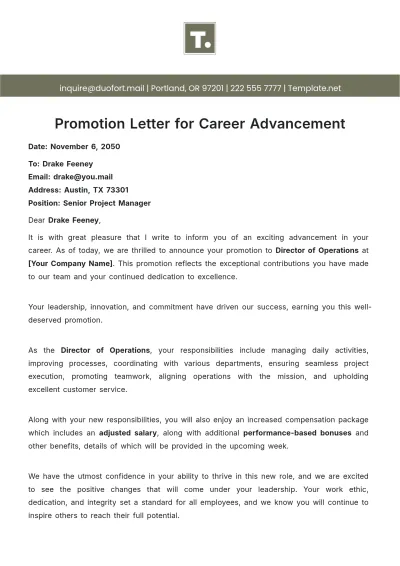 Free Promotion Letter for Career Advancement Template to Edit Online