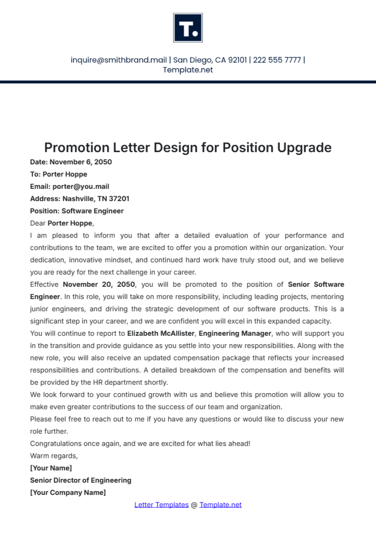 Promotion Letter Design for Position Upgrade Template