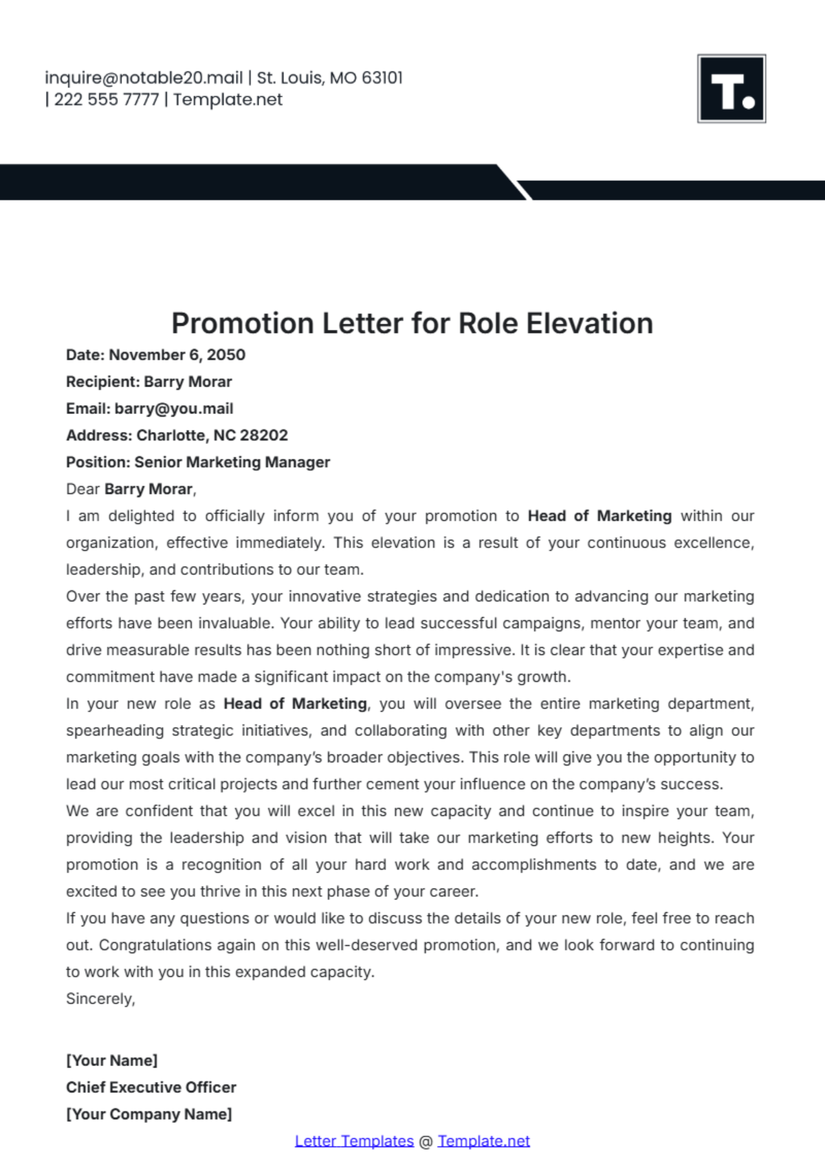 Promotion Letter for Role Elevation Template