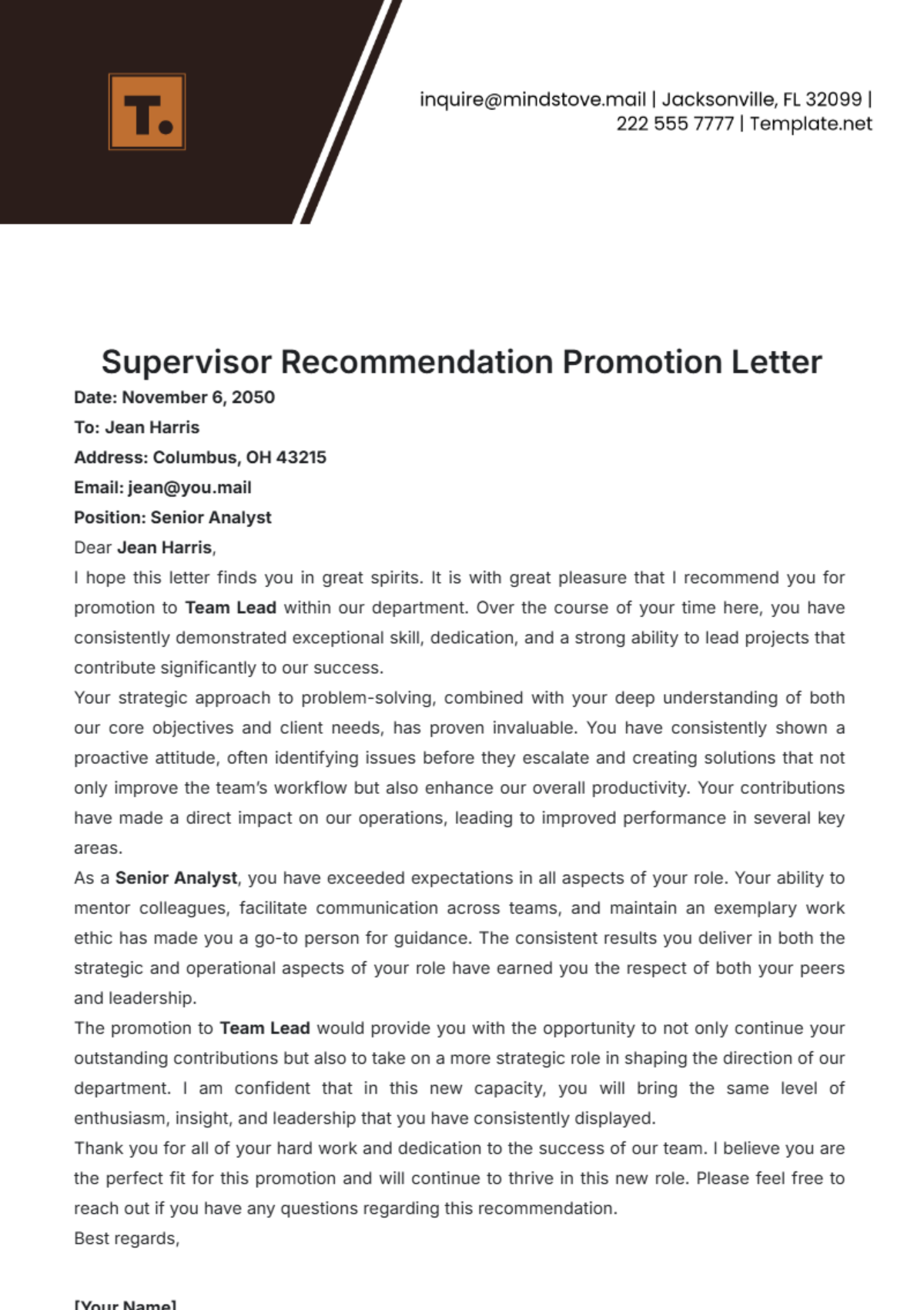 Supervisor Recommendation Promotion Letter Template - Edit Online & Download