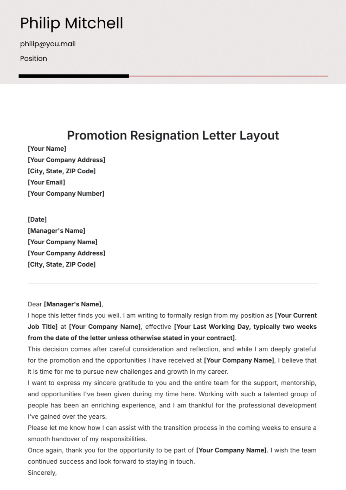 Promotion Resignation Letter Layout Template - Edit Online & Download