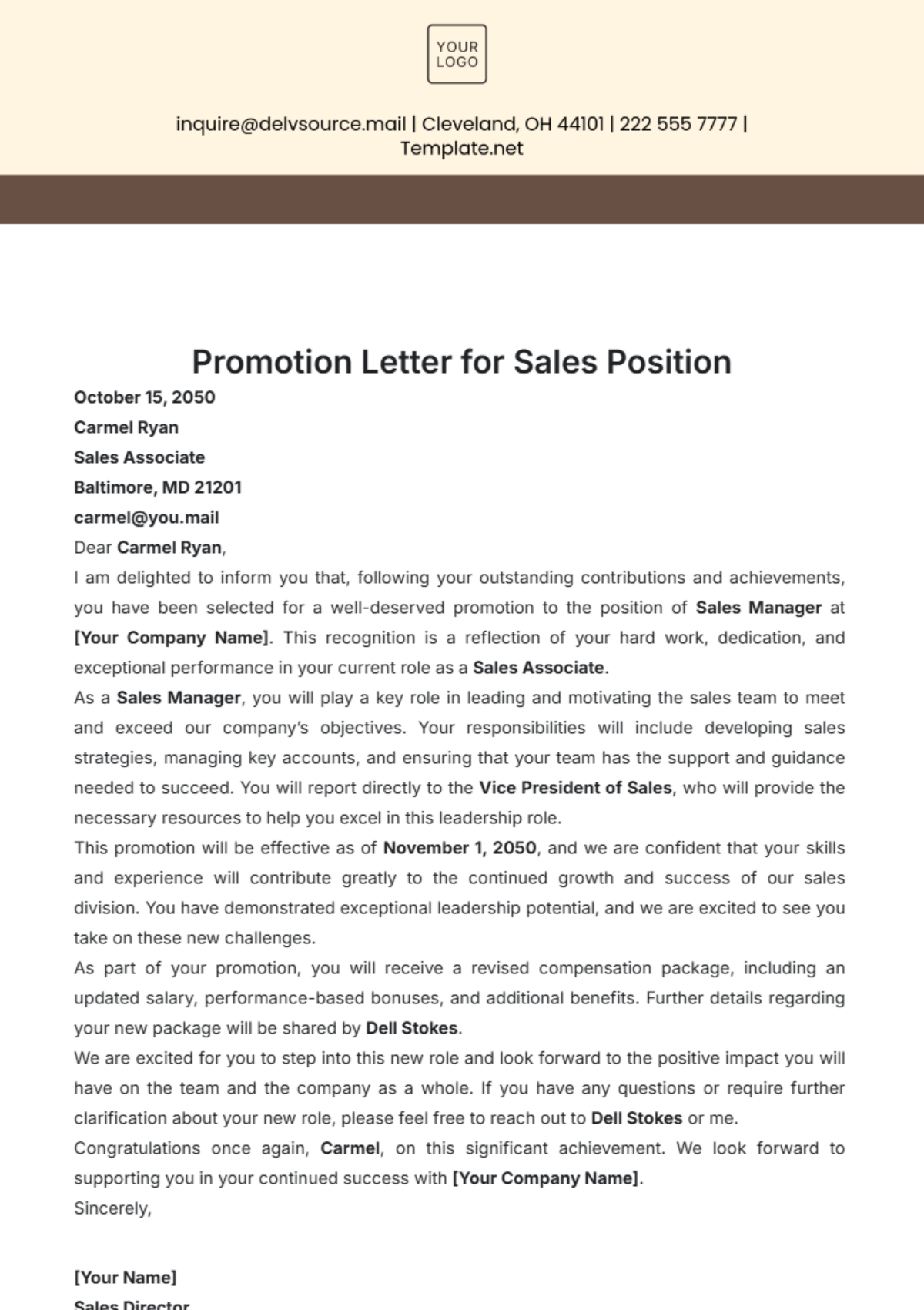 Promotion Letter for Sales Position Template - Edit Online & Download