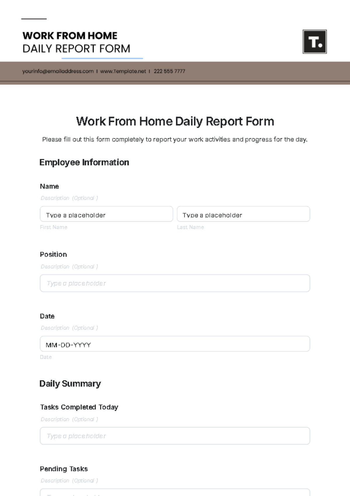 Work From Home Daily Report Form Template - Edit Online & Download