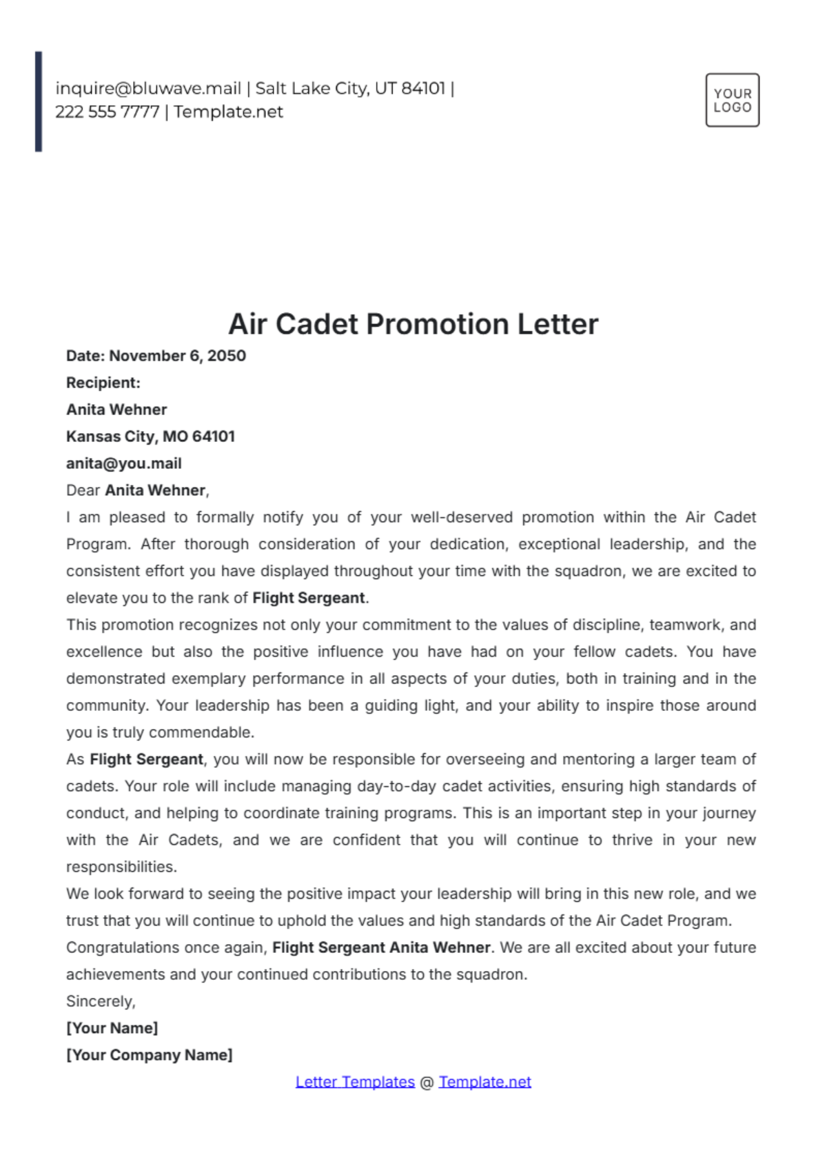 Air Cadet Promotion Letter Template - Edit Online & Download